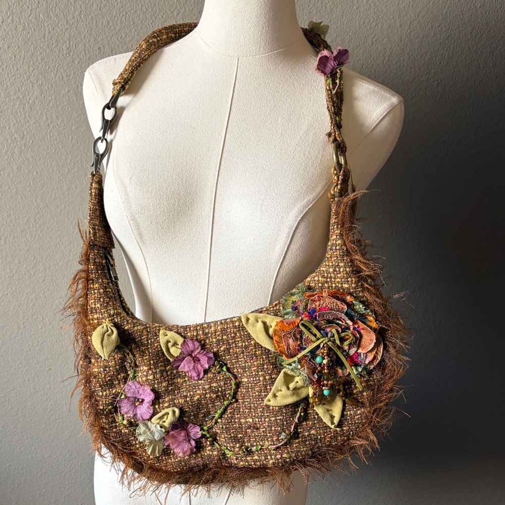 Mary Frances Brown Tweed Beaded Clutch with Purple Flower Accent